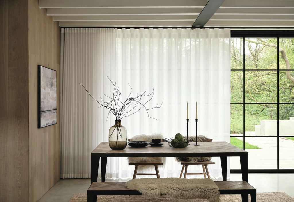 Sheer Wave curtains with Crittall windows visible beyond, garden view