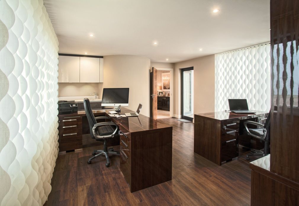 Home office with white Vertical Wave curtains on curved walls
