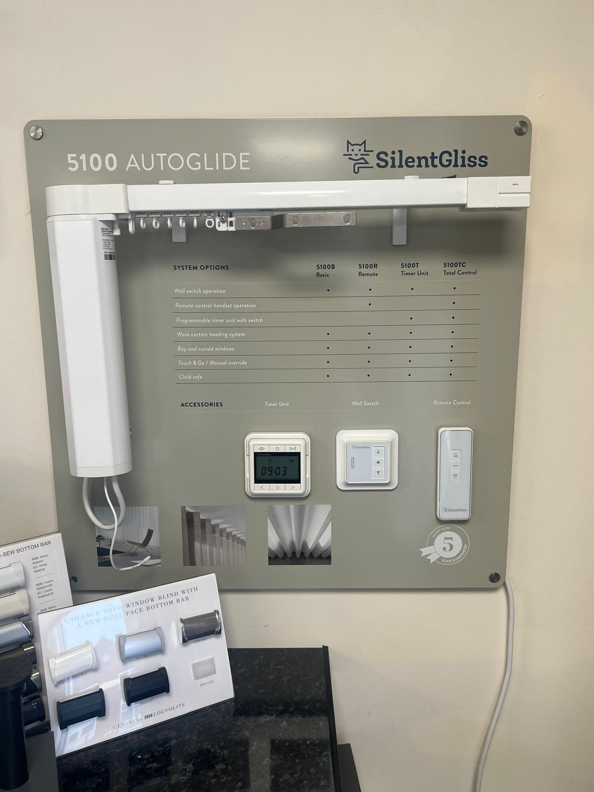 Silent Gliss 5100 Autoglide demonstration board showing all system options
