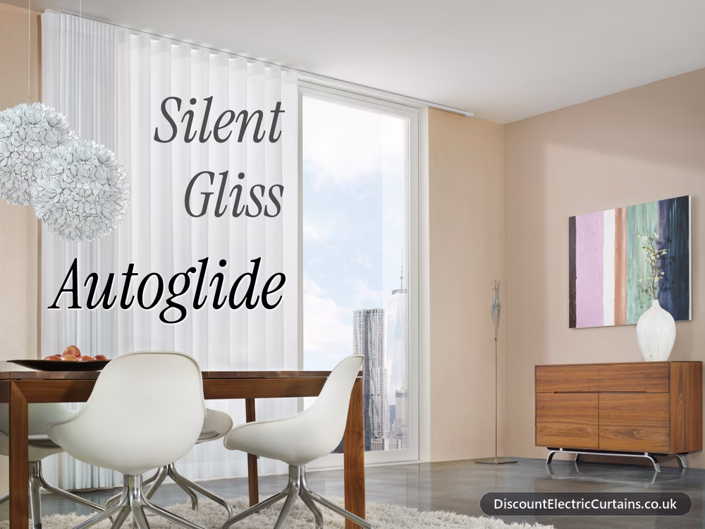 Silent Gliss Autoglide installed in a modern dining room with floor-to-ceiling wave curtains